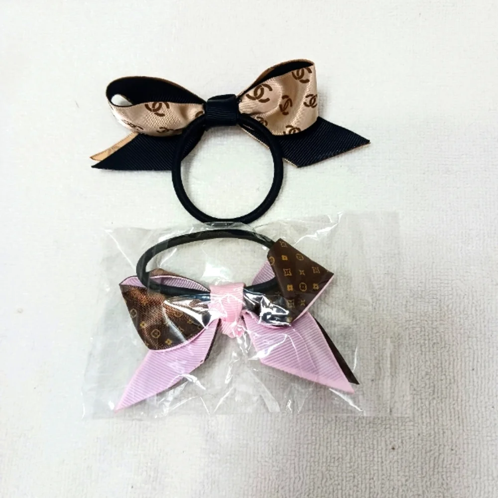 2 Fashion Hair Bands BOWS Monogram Ponytail Holder Ribbon BROWN BEIGE‎ Brand New